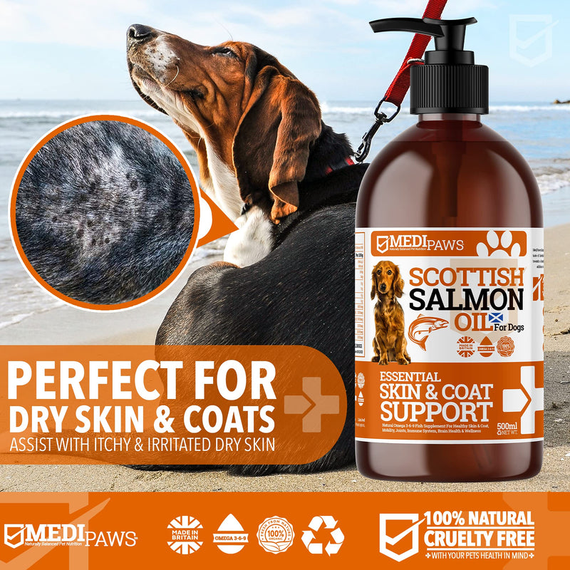MediPaws® Scottish Salmon Oil For Dogs 500ml | Supports Dog Skin And Coat, Dog Itchy Skin & A Moulting Dog | Omega 3 Fish Oil | Perfect For Dog Grooming & Dog Food 500 ml (Pack of 1) - PawsPlanet Australia