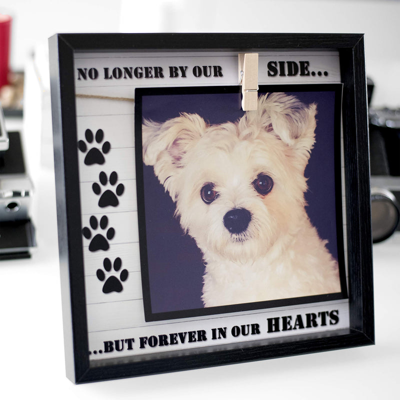 [Australia] - Pet Memorial Picture Frame for Dog or Cat. Clever Design to fit 4x6 - 5x7. Loss of Dog or Cat Sympathy Photo Frame with Clip. Text "Forever in Our Hearts”. Black Wood Frame 10”x10” 