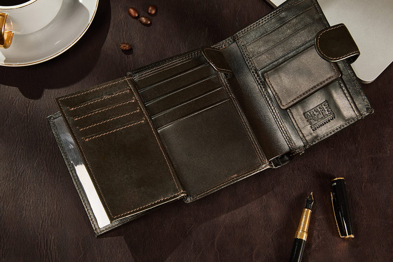 BRASS TACKS Leathercraft Vintage Handmade Full Leather Vertical Tri-Fold Wallet for Women RFID Blocking Small Multi Card Case Wallet Brown - PawsPlanet Australia