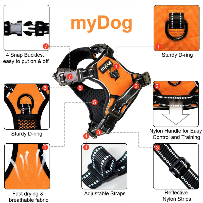 [Australia] - MyDog No Pull Dog Vest Harness with 4 Snap Buckles [No Need to Go Over Dog’s Head] Reflective Easy Control Handle and 2 Front & Back Metal Leash Rings Dog Harness for Outdoor Dogs Medium Orange 