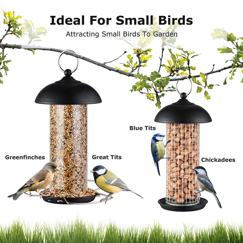 iBorn Metal Bird Feeders Hanging For Small Birds, Wild Birds Seed Feeder, Peanut bird Feeder, Hanging Bird Feeder for Mix Seeds, Mini Seed Feed X1 & Nut Feeders X1, Black Set of 2 - PawsPlanet Australia