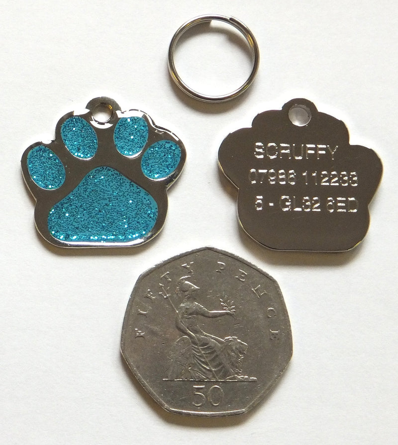 Carlton Trading 27mm Pet Dog ID Tag Turquoise Glitter Paw Shape - FREE ENGRAVING + P&P - PawsPlanet Australia