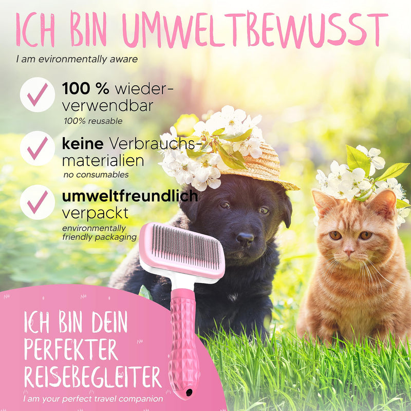 LÖWENKÖNIG® BÜRSTINATOR 2.0 Premium Cat Brush & Dog Brush Self-Cleaning for Short-Hair & Long-Hair Animals I Pet Brush Large, Fur Brush Removes Loose Undercoat & Matted Dog & Cat Hair Pink + Plush Balls & Accessories - PawsPlanet Australia