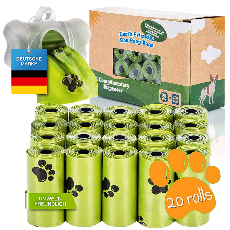 BI0 Dog poop bags with dispenser Compostable poop bags for dogs with dog poop bag dispenser 100% biodegradable dog poop bags with leash holder (300 bags: 20 rolls + 1 dispenser) 300 bags: 20 rolls + 1 dispenser - PawsPlanet Australia