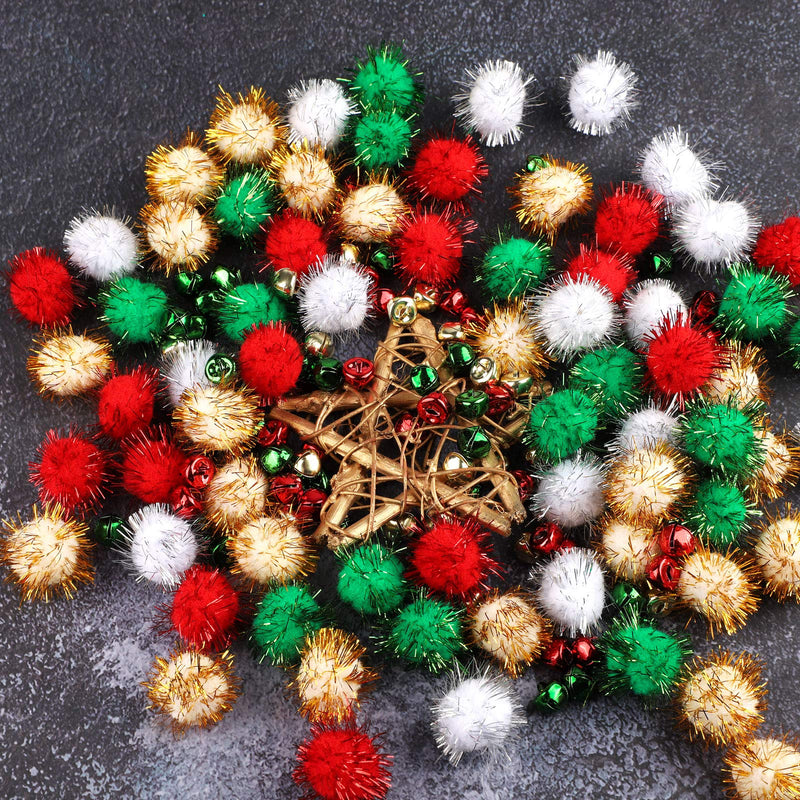 ANECO 240 Pieces Glitter Christmas Pom Poms and Christmas Jingle Bells Sparkle Pom Poms Balls Bells for Christmas Arts Crafts Supplies - PawsPlanet Australia