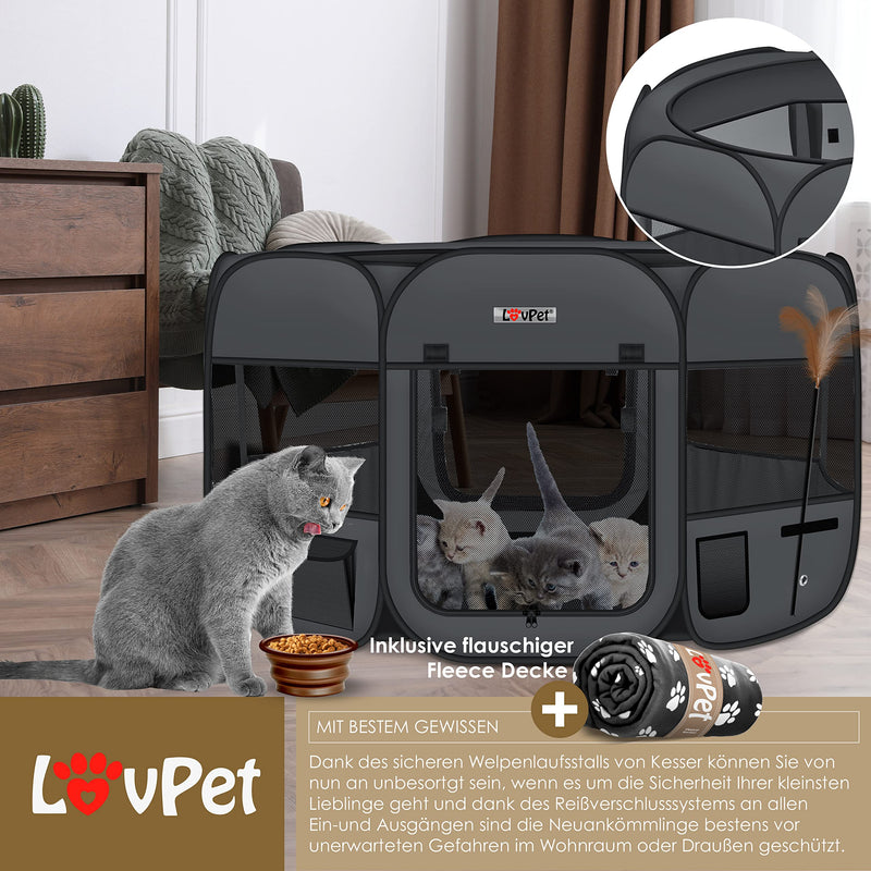 Lovpet® Puppy Playpen Animal Playpen Foldable for Small Animals Dogs, Cats Including Dog Bowl and Fleece Blanket Dog Playpen Outdoor Enclosure Oxford Fabric Pop-up System Indoor & Outdoor, Anthracite/Black Anthracite/Black - PawsPlanet Australia