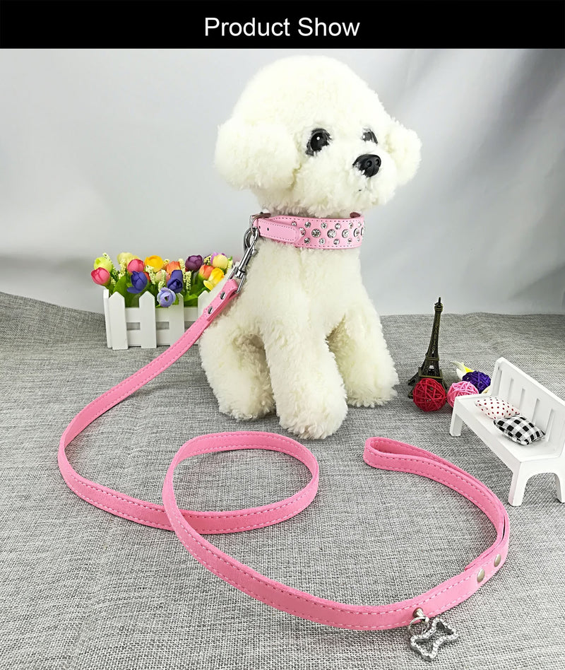 Newtensina Fashion Dog Collar and Lead Set Bling Puppies Collar Cute Diamante Dog Collar with Leashes - Pink - S - PawsPlanet Australia