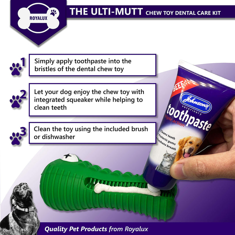 ROYALUX Ulti-Mutt Dog Toothpaste and Chew Toy Dental Care Kit, Durable Dog Chew Toy Toothbrush Bundle for Teeth Cleaning, Johnsons Toothpaste Beef Flavour, Interactive Hygiene - PawsPlanet Australia