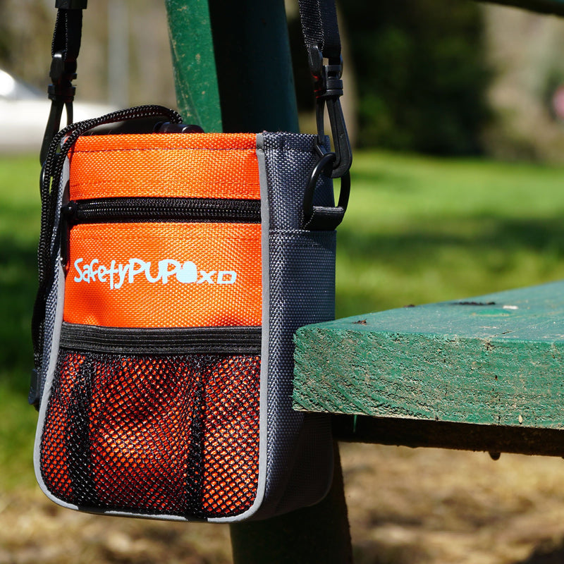 [Australia] - SafetyPUP XD Dog Treat Pouch for Training and Walking Dogs. Carry 3 Ways - Waist Belt, Clip On, or Shoulder Strap. Small, Durable Holder with Waste (Poop) Bag Dispenser and Reflectivity For Visibility Orange 