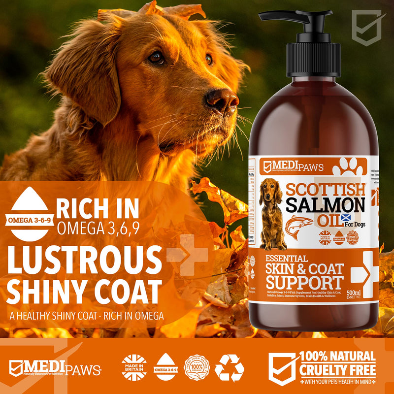 MediPaws® Scottish Salmon Oil For Dogs 500ml | Supports Dog Skin And Coat, Dog Itchy Skin & A Moulting Dog | Omega 3 Fish Oil | Perfect For Dog Grooming & Dog Food 500 ml (Pack of 1) - PawsPlanet Australia