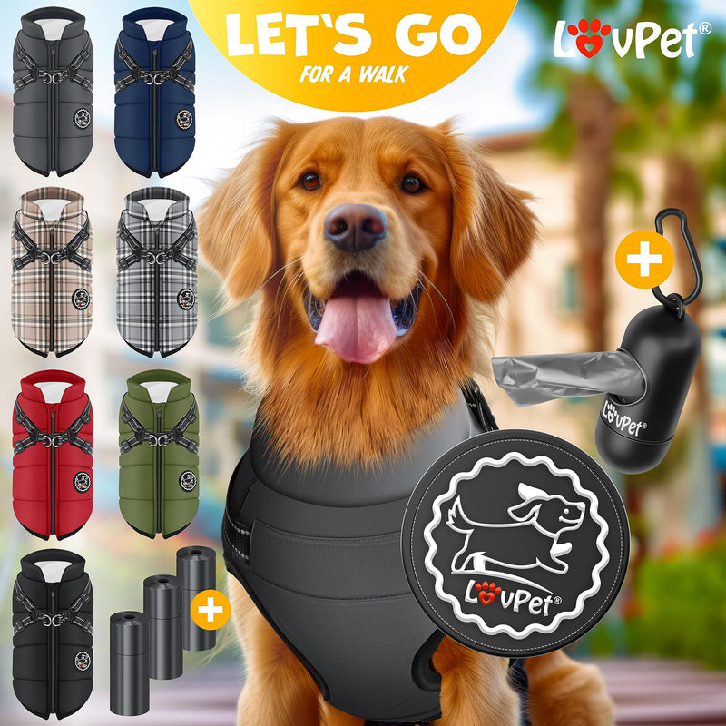 Lovpet® dog jacket dog coat with harness, including 45 poop bags + dispenser, dog winter vest lined waterproof, padded vest with chest strap, reflectors, D-ring XL, anthracite - PawsPlanet Australia