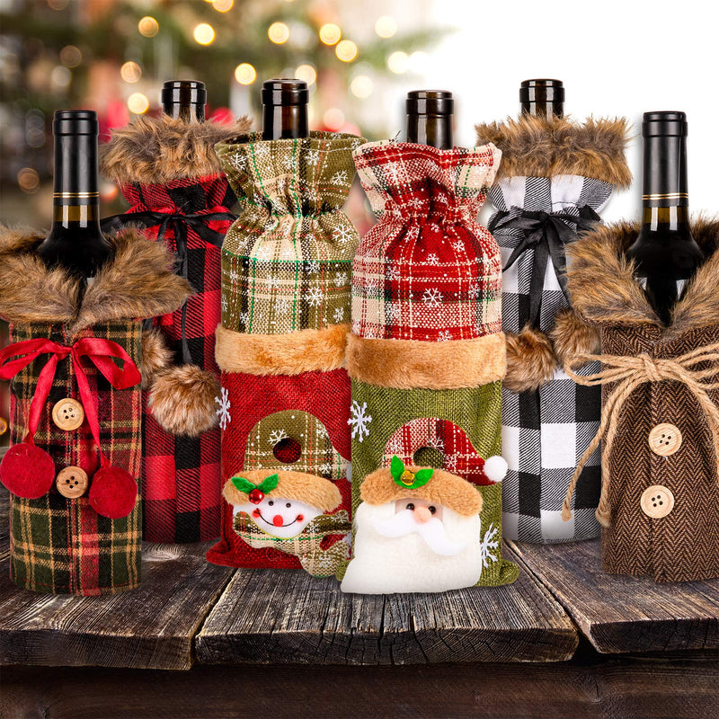 Whaline 6Pcs Sweater Christmas Wine Bottle Cover Fur Bottle Holder Xmas Champagne Bottle Dress Plaid Drink Sleeves Button Bow knot for Christmas Decoration New Year Party Winter Supplies - PawsPlanet Australia