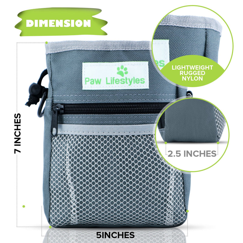 Paw Lifestyles – Dog Treat Training Pouch – Easily Carries Pet Toys, Kibble, Treats – Built-in Poop Bag Dispenser – 3 Ways to Wear – Grey - PawsPlanet Australia