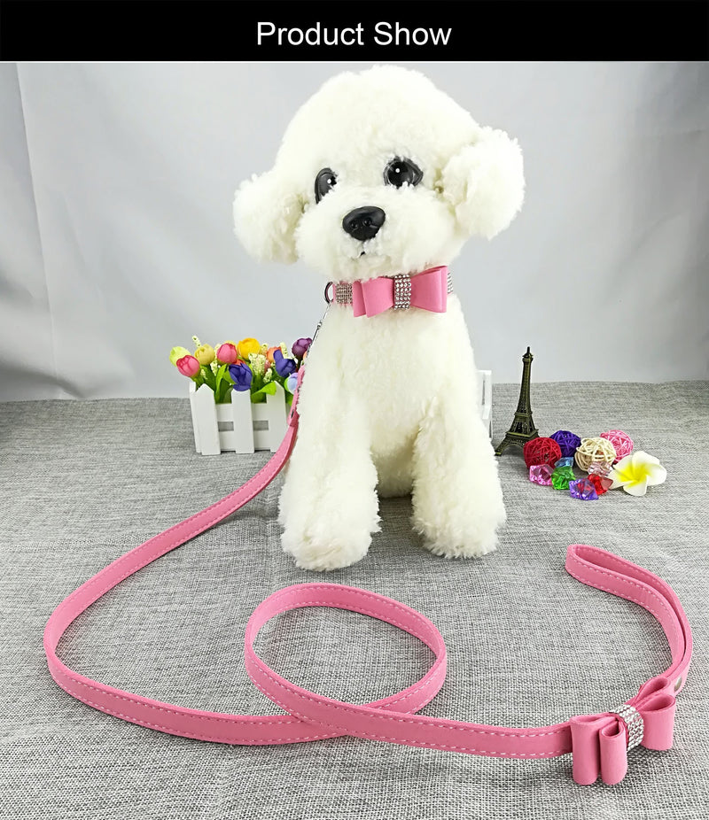 Newtensina Fashion Dog Collar and Lead with Bow Tie Bling Puppy Collar Leash with Bow for Dog - Pink - XS - PawsPlanet Australia