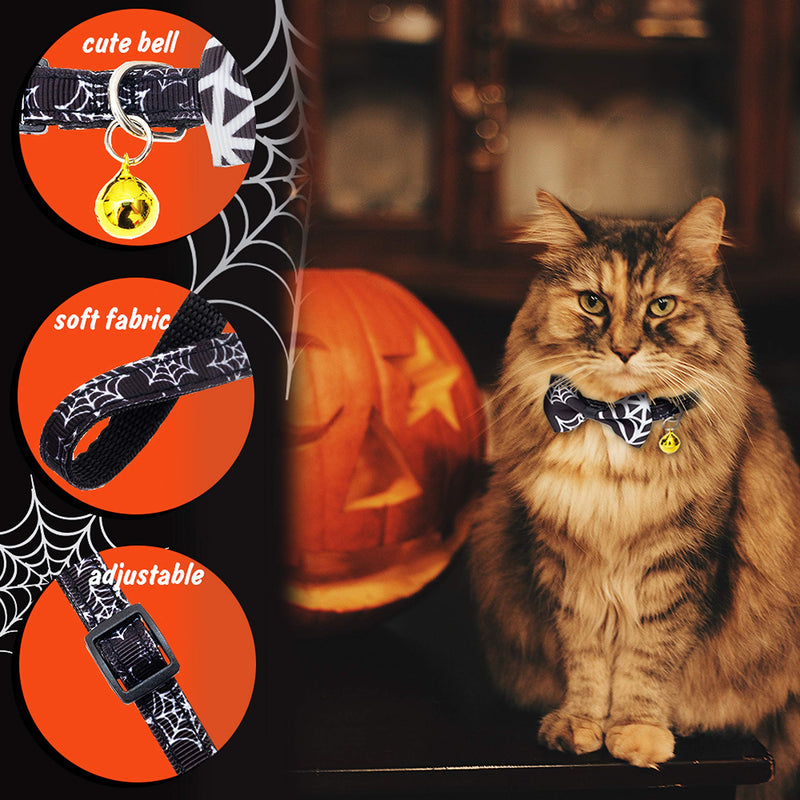 [Australia] - Halloween Cat Collar - Personalized Bow Tie Cute Collars with Bell, Bat & Spider Web Pattern Soft Nylon Collars, Adjustable Breakaway Safety for Small, Medium, Large Cats(Black&Blue) 