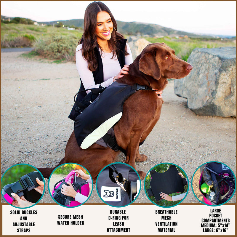 [Australia] - Bum's Pack Dog Backpacks, Luminous & Reflective Hiking Pack for Dogs, Water Bottle Included Camping & Travel Saddlebag for Dogs, Dog Float Coat, Dog Life Jacket, Dog Backpacks for Medium & Large Dogs Pink 