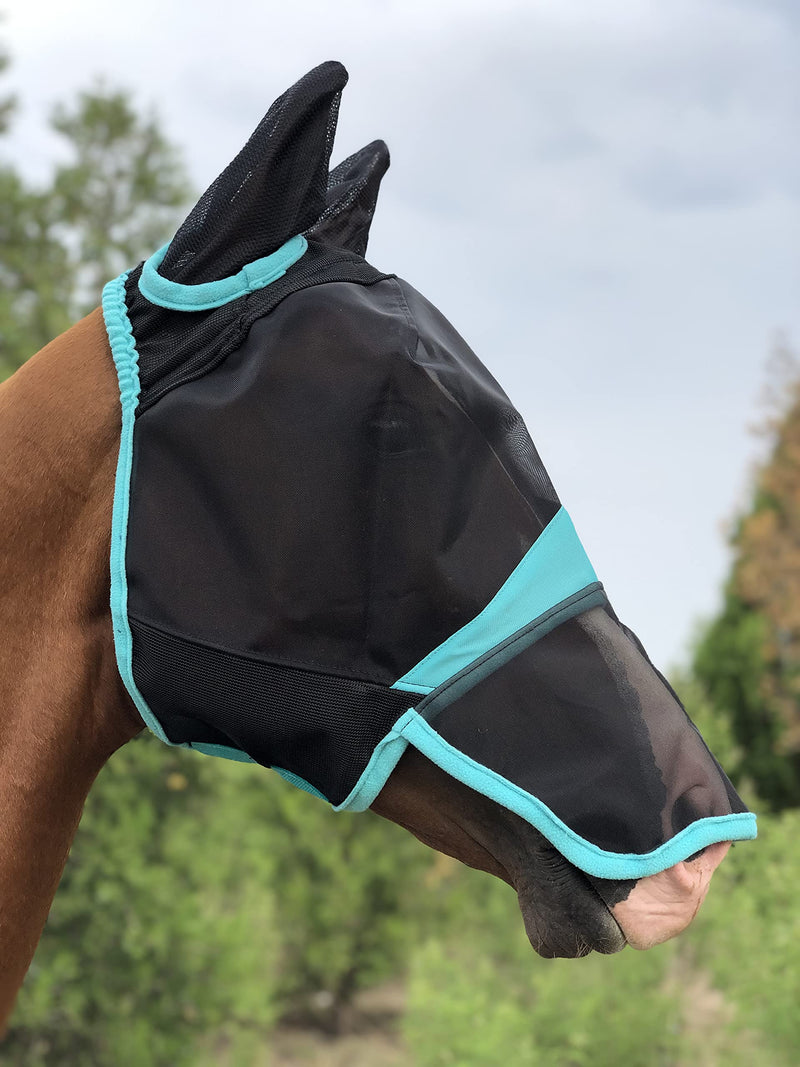 TGW RIDING Horse Mask Full Face Mesh Fly Mask Fine Mesh with Ears and Long Nose (Warmblood, Black/Turquoise) - PawsPlanet Australia