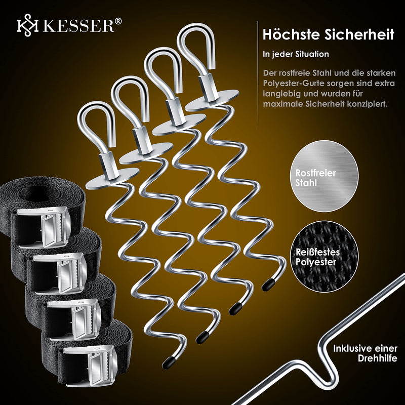 KESSER® 4 ground anchors 9-piece set attachment for trampoline, swing, pavilion, party tent, garden house, swing, tent, made of 1cm diameter stainless steel For screwing in, 4 straps + silver turning aid - PawsPlanet Australia