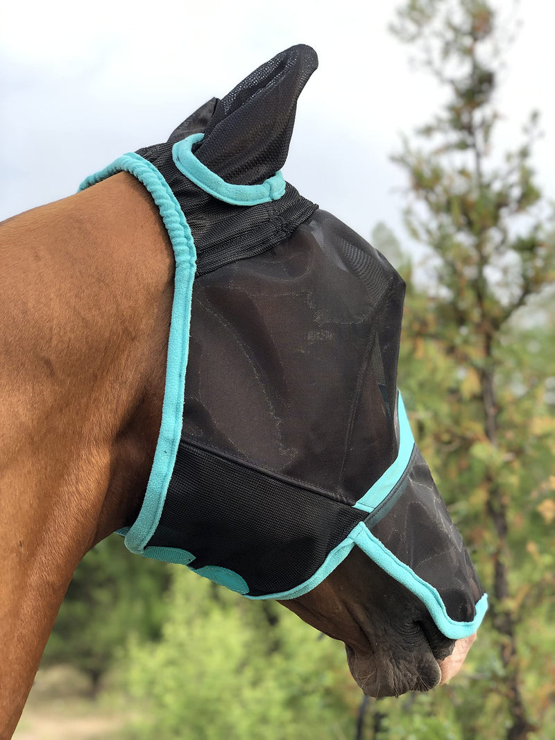 TGW RIDING Horse Mask Full Face Mesh Fly Mask Fine Mesh with Ears and Long Nose (Warmblood, Black/Turquoise) - PawsPlanet Australia