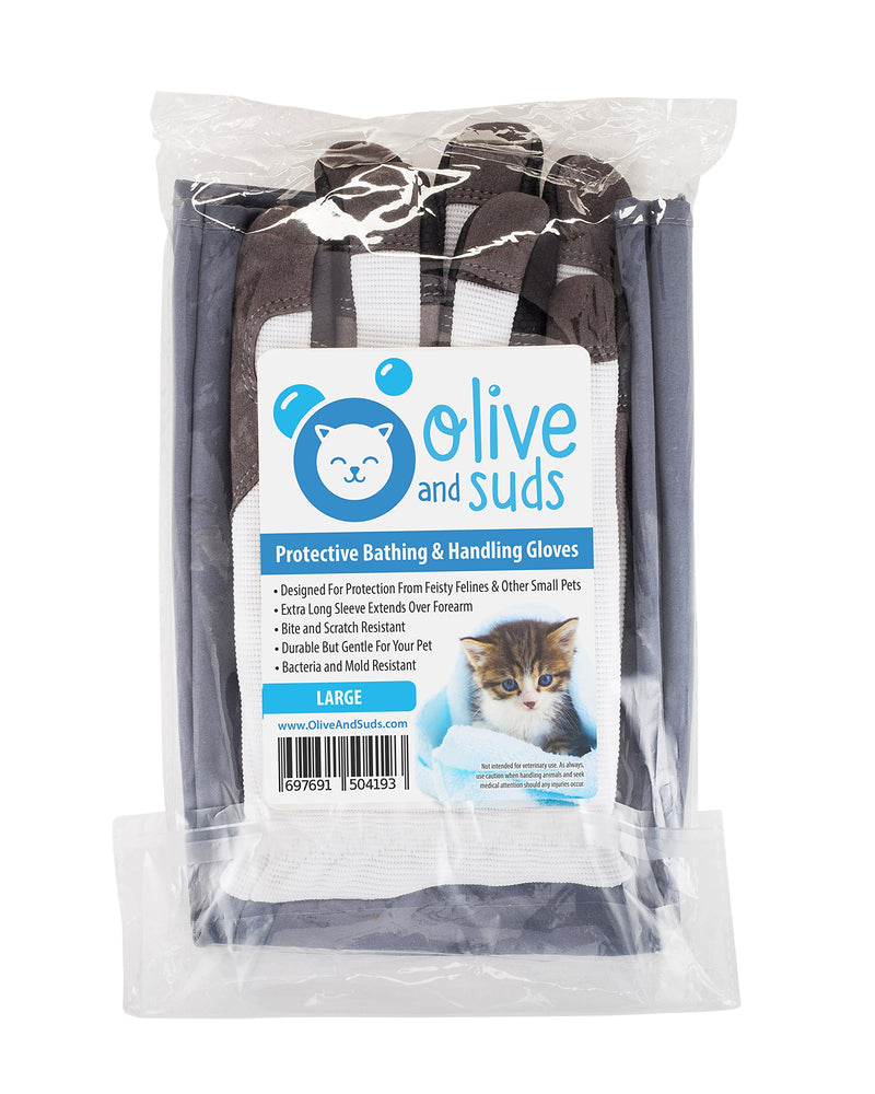 [Australia] - Olive & Suds: Scratch/Bite Resistant Protective Gloves for Bathing, Grooming & Handling Cats, Small Dogs, Other Small Animals Large 