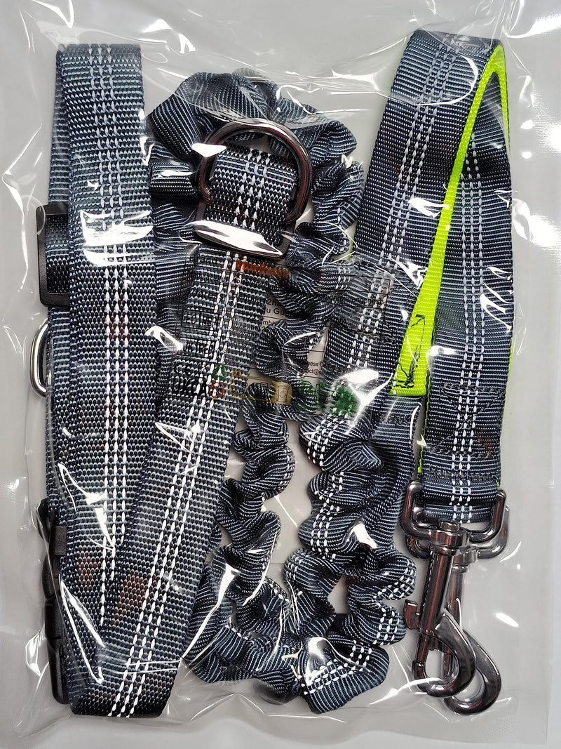 QitinDasen Gray Hands-Free Dog Lead, Adjustable Waist Belt and Dual Handles Stretchy Bungee Lead, Jogging Dog Lead with Reflective Stitching (Green Handle) - PawsPlanet Australia