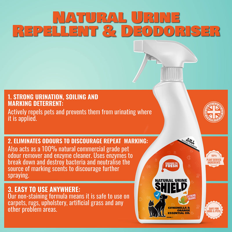PRESSED TO FRESH – Urine Shield - Natural Dog & Cat Repellent, Deodoriser & Deterrent Spray – Neutralises Pet Pee Odour, Soiling and Marking in Your Home and Garden – Urine Enzyme Destroyer – 500ml - PawsPlanet Australia