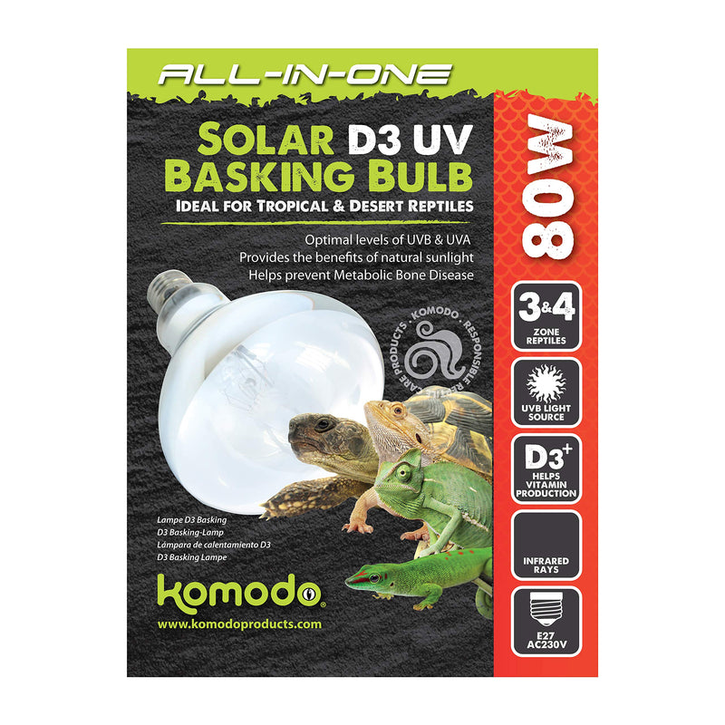 Komodo Solar D3 UV 80W Basking Bulb, Heat and Light Bulb for Reptile Habitats, Terrarium and Vivarium Light and Heat Bulb, 82297 - PawsPlanet Australia