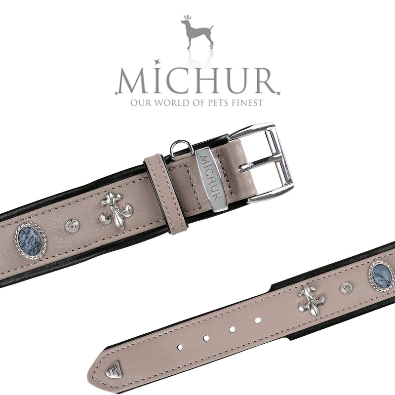 MICHUR Rodrigo dog collar leather, dog leather collar, collar, taupe, gray-black, LEATHER, with lilies, rhinestones and gray marbled stones Neck circumference 20,47-22,83" - PawsPlanet Australia