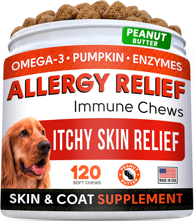 Allergy Relief Treats + Pumpkin for Dogs Bundle - Itchy Skin Relief + Upset Stomach - Omega 3 + Enzymes + Turmeric + Pure Pumpkin Powder - Skin & Coat Health + Digestion - 120ct + 8.1oz - Made in USA - PawsPlanet Australia