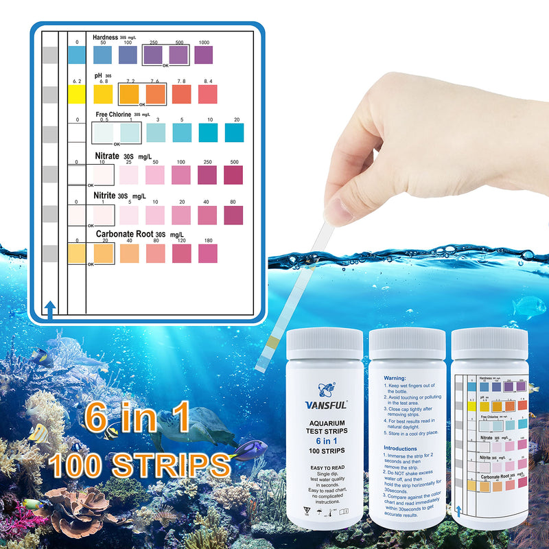 VANSFUL 6 in 1 Aquarium Test Strips, 100 Strips Fish Tank Test Kit for Testing Freshwater Saltwater Pond,Accurate Nitrate Nitrite Chlorine Carbonate Hardness (GH & KH) and pH - PawsPlanet Australia