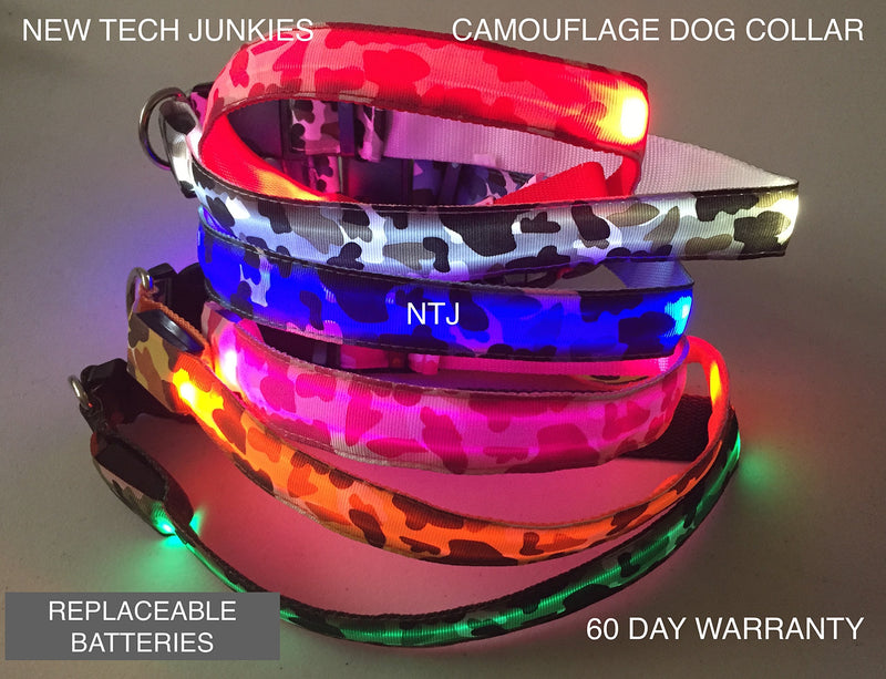 [Australia] - New Tech Junkies Camo LED PET Glow Collar Dog Cat Night Safety Lead Camoflage Adjustable Harness Flash Light Up Blue Camo Medium 