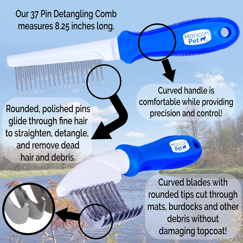 Horicon Pet 2 In 1 Dematting Razor Comb and 37 Pin Detangling Pet Comb Set - Removes Knots, Matted Fur, & Tangles Gently For Dogs & Cats 2 Count (Pack of 1) - PawsPlanet Australia