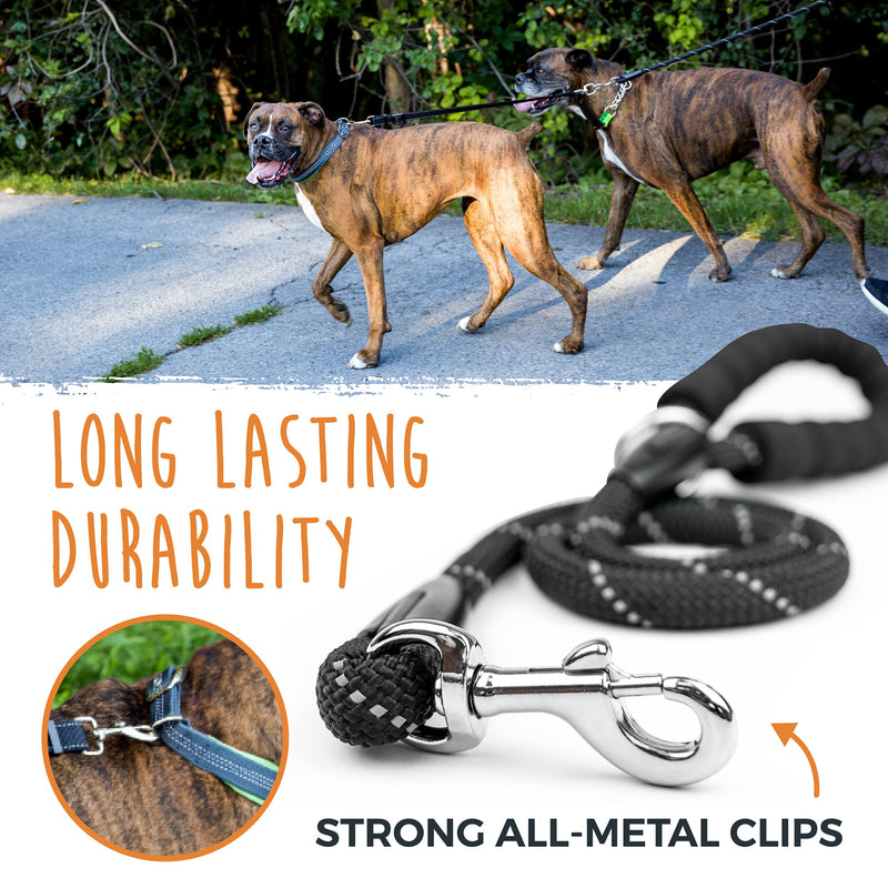 Mighty Paw Two dog leash with rope handle, double dog leash, double dog leash, multiple dog leash for 2 dogs, double leash for dogs, 2 dog leashes, leash clutch black - PawsPlanet Australia