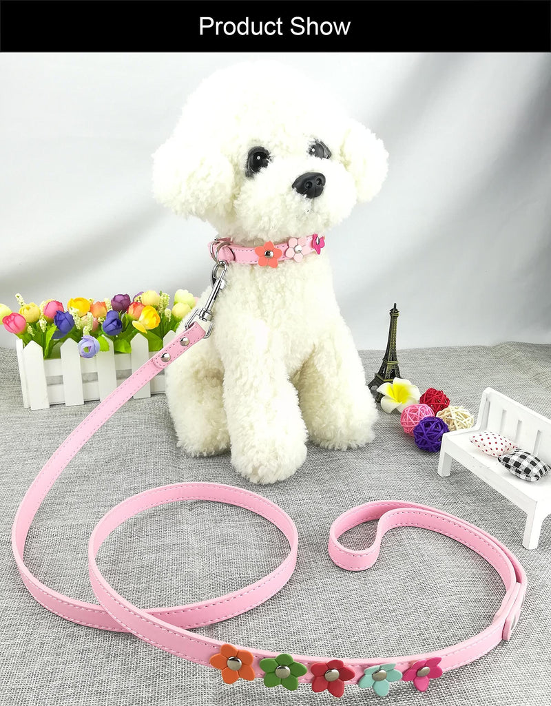 Newtensina Stylish Dog Collar and Lead Set Dog Collar Girl Flower Puppy Collars Leashes for Small Dogs with Flower - Pink - S - PawsPlanet Australia