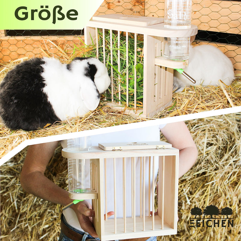 Three Oaks® hay rack including height-adjustable drinking bottle. For guinea pigs, rabbits, hares, hamsters and much more. Untreated FSC wood. Perfect for small animal stables, rabbit accessories, rodent drinking bottle - PawsPlanet Australia