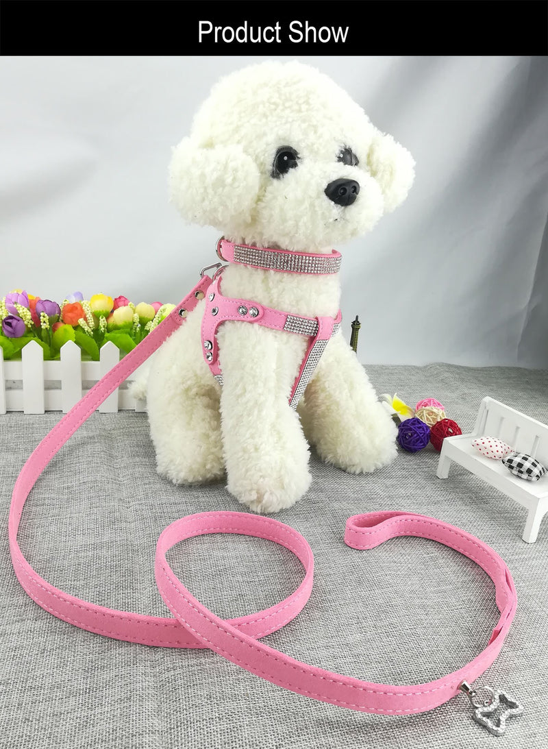 Newtensina Dog Collar & Harness & Lead Sets Fashion Dog Collar Diamante with Harness & Leashes Comfortable Soft Collar Harness and Leashes Set for Dog - Pink - XS - PawsPlanet Australia