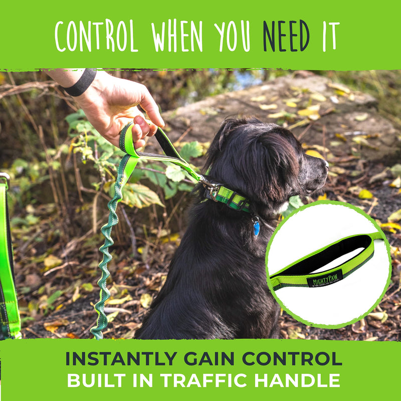 Mighty Paw Hands Free Bungee Leash 2.0 | 4’ Dog Lead W/ Dual Padded Traffic Handles for Running, Hiking & Jogging. Wearable Belt (27-48” Waistband) W/ 2 Attachment Loops. Pets Up to 150lb Green - PawsPlanet Australia
