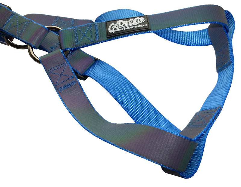 GoDoggie Rainbow Reflective Dog Safety Harness, Light-Responsive, Colour-Changing, Bright, Improves Dog Visibility and Safety, 5 Colours, 3 Sizes, Premium Quality, Full Guarantee - Blue L LARGE (CHEST) : 69cm (27") to 81cm (32") - PawsPlanet Australia