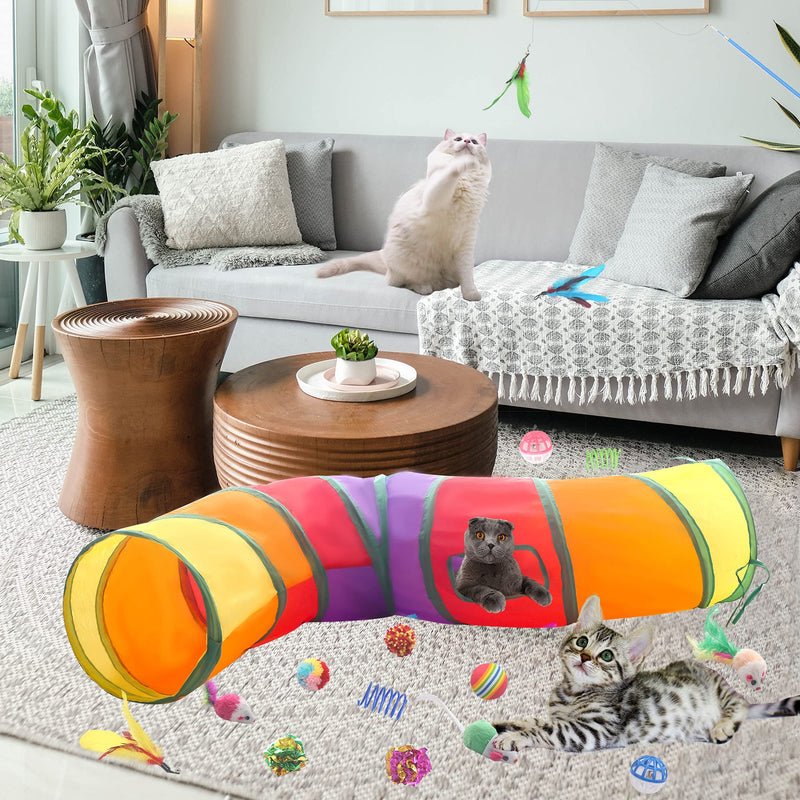 Cibaabo Cat Toys with Rainbow Tunnel, 24PCS Kitten Toy Bundle Including Interactive Wand, Feather Mouse Mice, Crinkle Bell Balls for Indoor Cats Kitten - PawsPlanet Australia