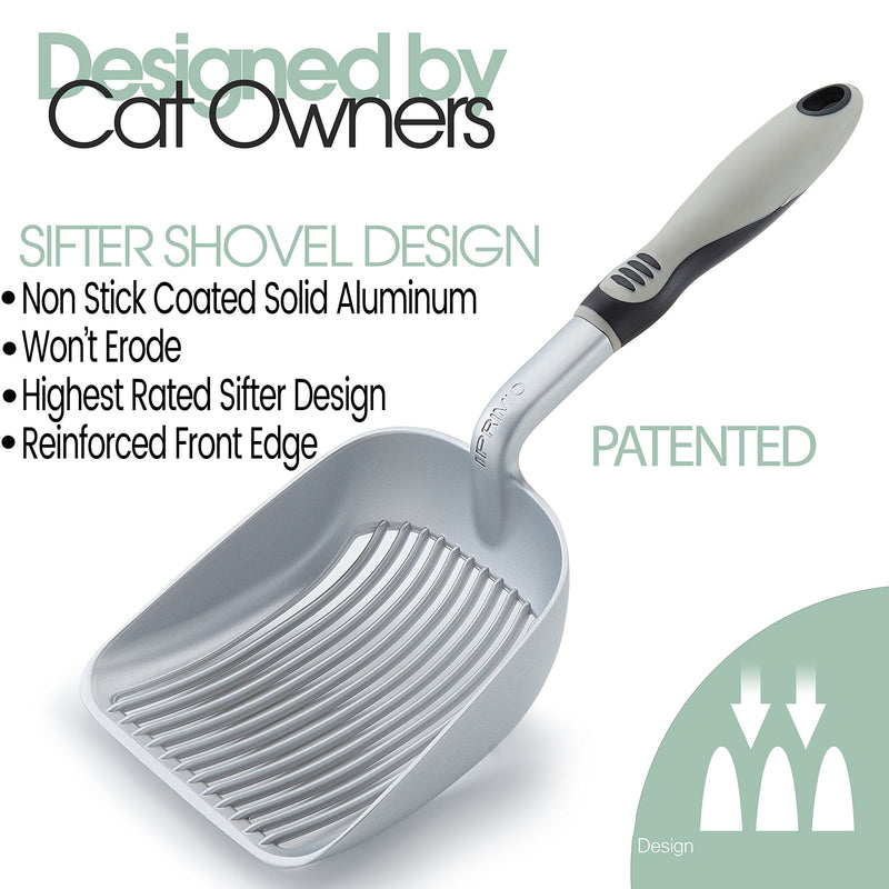 iPrimio Sifter with Deep Shovel - Designed by Cat Owners - Non Stick Plated, Solid Aluminum. Perfect Scooper with Holder. Solid Handle Patented. Silver Scooper Only - PawsPlanet Australia