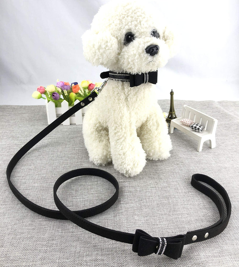 [Australia] - Newtensina Soft Bow Ties Dog Collar and Leash Set Cute Bow Ties Collar with Diamante for Dogs Cats XS Black 