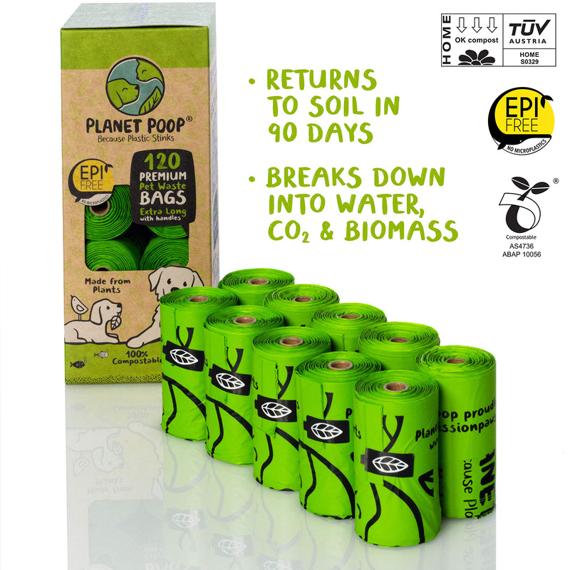 [Australia] - Compostable Dog Poop Bag, Biodegradable Poop Bags for Dogs, Extra-Long with Handles. Plant-Based Unscented Thick Leak-Proof Pet Waste Bag Refills. Highest ASTM D6400. Pet Supplies Support Doggy Rescue 120 Count 