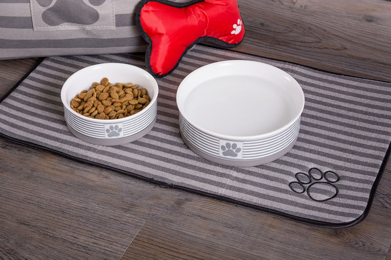[Australia] - Bone Dry DII Paw Patch & Stripes Ceramic Pet Bowl for Food & Water with Non-Skid Silicone Rim for Dogs and Cats Large Gray 