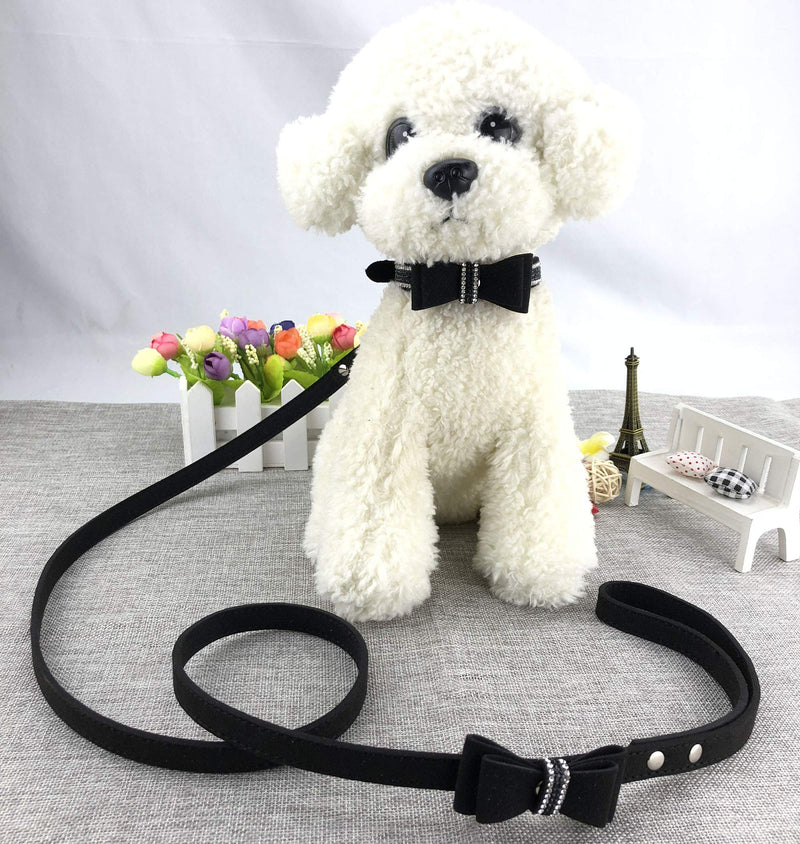 [Australia] - Newtensina Soft Bow Ties Dog Collar and Leash Set Cute Bow Ties Collar with Diamante for Dogs Cats XS Black 