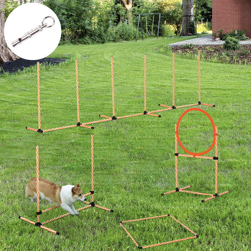 PawHut Pet Agility Training Equipment Dog Play Run Jump Hurdle Bar Obedience Training Set with Adjustable Height Jump Ring High Jumper Weave Poles Square Pause Box Carry Bag Whistle - PawsPlanet Australia