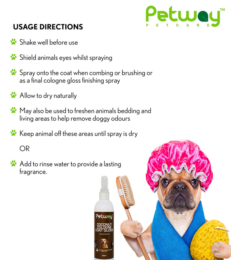 [Australia] - PETWAY Petcare Coconut Cologne Coat Gloss – Natural Cosmetic Dog Cologne Spray with Coconut for Conditioning Qualities, Dog Gloss with Deodorizer, Pet Odor Eliminator and Dog Grooming Spray – 250ml 