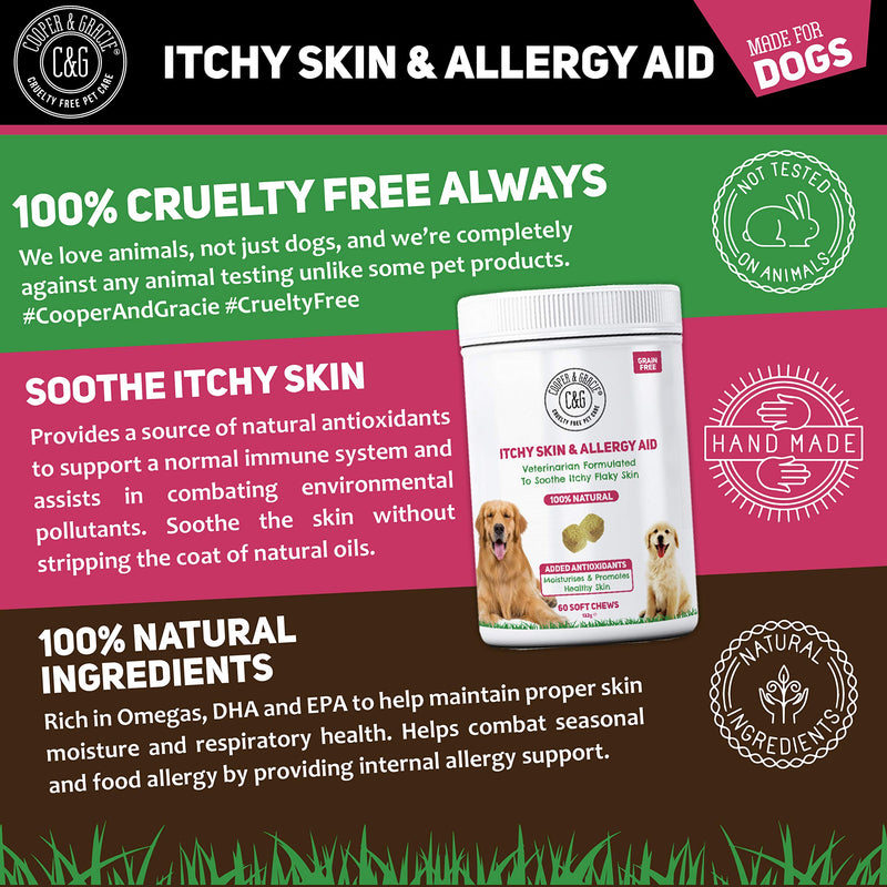 C&G Pets | ANTI-ITCH SUPPLEMENT FOR DOGS 60 SOFT CHEWS | ITCHY SKIN AND SKIN ALLERGIES | MAINTAINS SKIN MOISTURE & MAINTAINS RESPIRATORY HEALTH | SUPPORTS IMMUNE SYSTEM | VETERINARIAN FORMULATED Dog Itchy Skin & Allergy Aid - PawsPlanet Australia