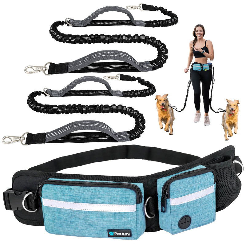 PetAmi Hands Free Dog Leash, Dog Running Leash Belt Bag for Walking, Jogging, Dog Waist Double Zipper Pouch with Poop Bag Dispenser, Dual Padded Handles Reflective Bungee Leash, Double 2 Leashes Turquoise - PawsPlanet Australia