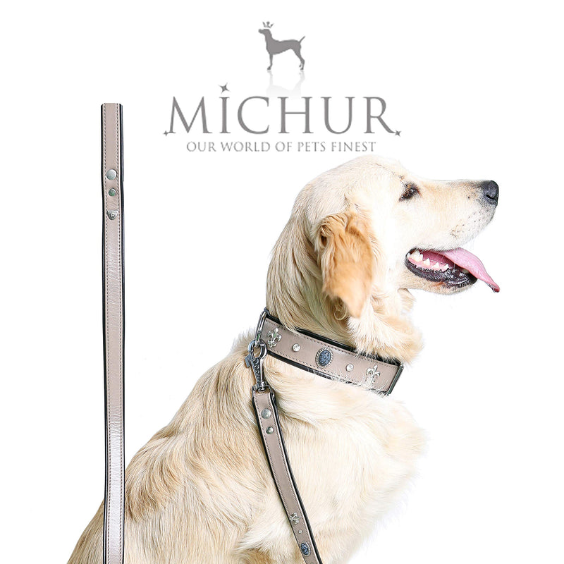 MICHUR Rodrigo dog collar leather, dog leather collar, collar, taupe, gray-black, LEATHER, with lilies, rhinestones and gray marbled stones Neck circumference 20,47-22,83" - PawsPlanet Australia