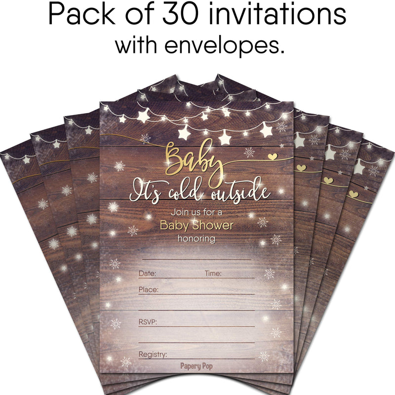 30 Baby Shower Invitations for Boy or Girl with Envelopes (30 Pack) - Baby It's Cold Outside - Gender Neutral - Fits Perfectly with Rustic Wooden Baby Shower Decorations and Supplies - PawsPlanet Australia